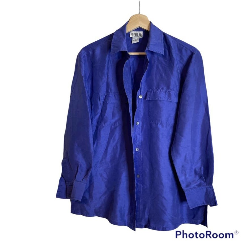 Robbie Bee Womens Vintage 100% Silk Button Down Shirt Royal Purple Long Sleeve L